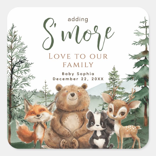 Pegatina Cuadrada Woodland Animales baby ducha S'mores Favor (Anverso)