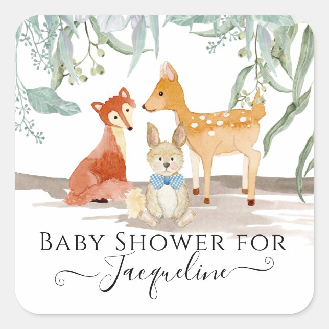 Pegatina Cuadrada Woodland Animales Fox Deer Rabbit Baby Shower (Anverso)