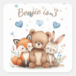 Pegatina Cuadrada Woodland Animals Bear Fox Bunny Blue Hearts Boy  