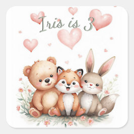 Pegatina Cuadrada Woodland Animals Bear Fox Bunny Pink Hearts Girl  