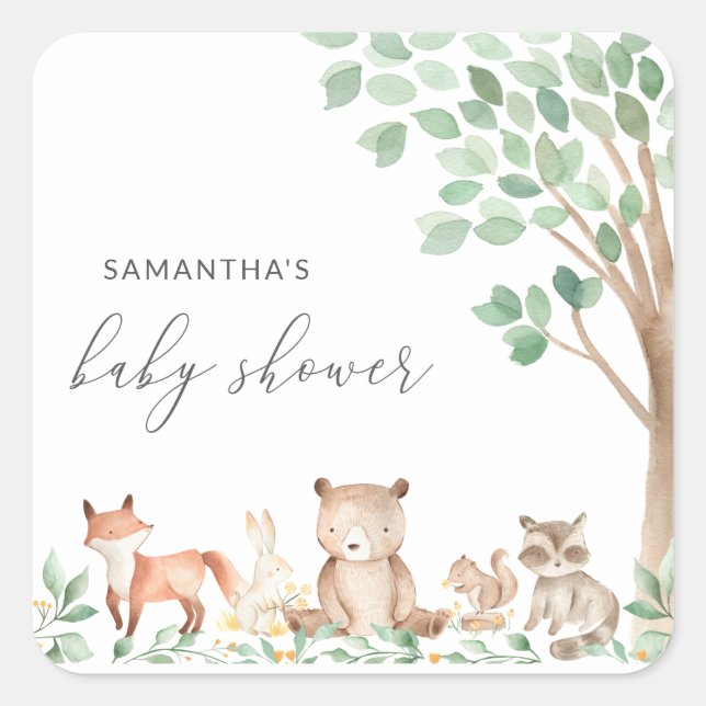 Pegatina Cuadrada Woodland Animals Cute Género Neutral Baby Shower (Anverso)