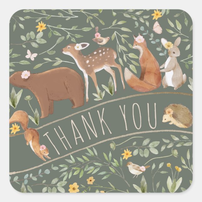 Pegatina Cuadrada Woodland Animals Forest Friends Baby Shower (Anverso)