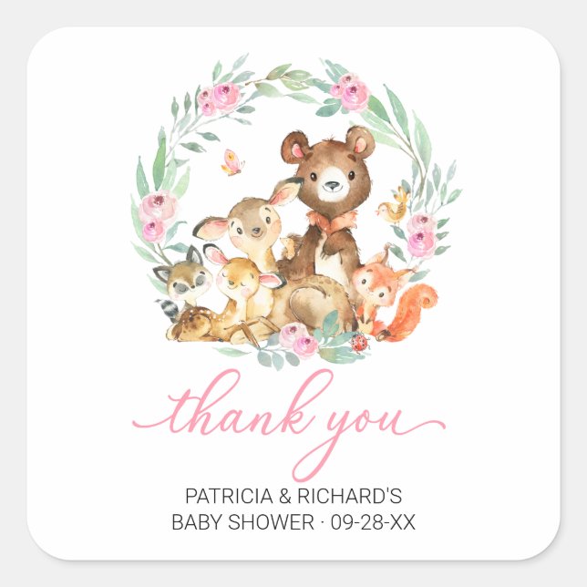 Pegatina Cuadrada Woodland Animals Greenery Baby Shower Gracias (Anverso)
