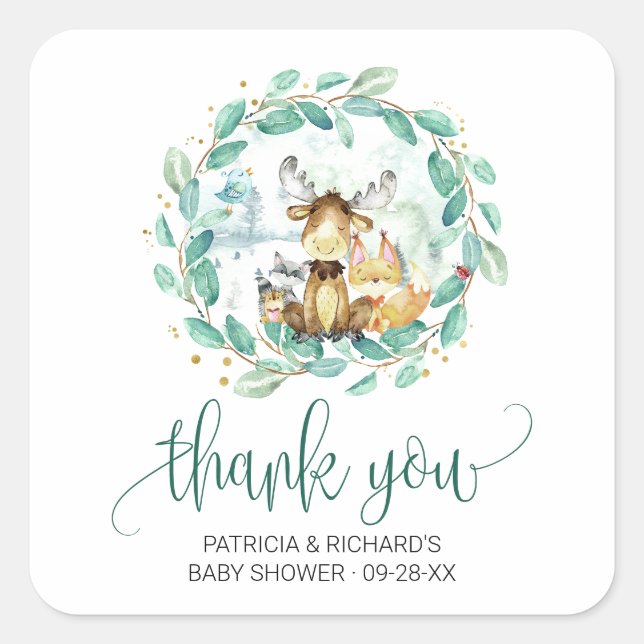 Pegatina Cuadrada Woodland Animals Greenery Baby Shower Gracias (Anverso)