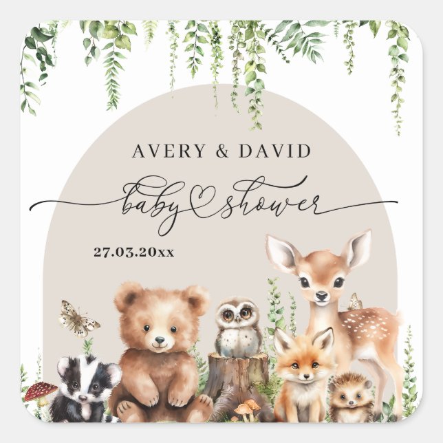 Pegatina Cuadrada Woodland Animals Greenery Mushroom Baby Shower (Anverso)