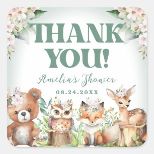 Pegatina Cuadrada Woodland Animals Soft Green & Floral Baby Shower