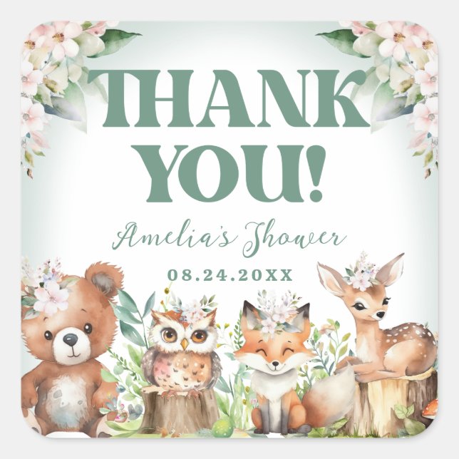 Pegatina Cuadrada Woodland Animals Soft Green & Floral Baby Shower (Anverso)