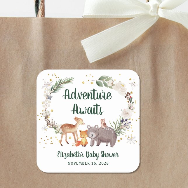 Pegatina Cuadrada Woodland Animals Winter Baby Shower (Subido por el creador)