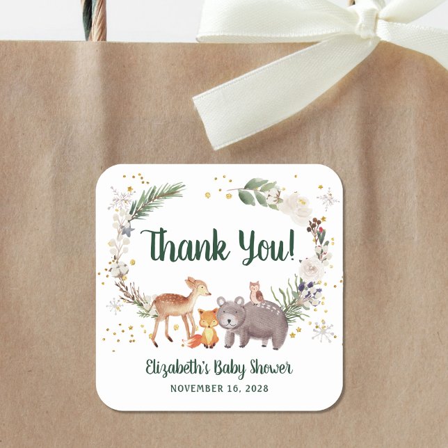 Pegatina Cuadrada Woodland Animals Winter Baby Shower Gracias (Subido por el creador)