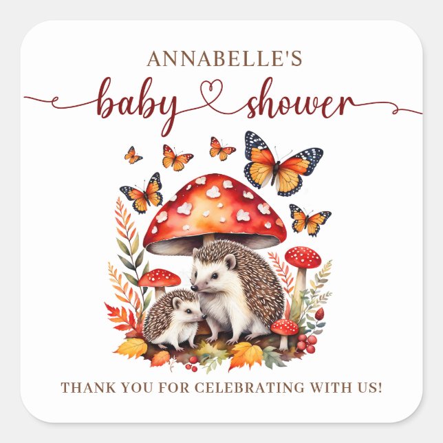 Pegatina Cuadrada Woodland Autumn Hedgehog Baby Shower (Anverso)