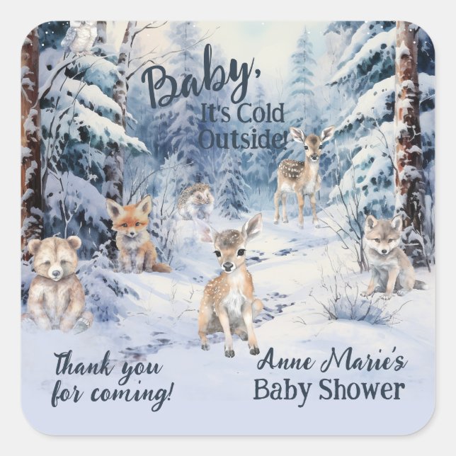 Pegatina Cuadrada Woodland Baby Animals Winter Boy Baby Shower (Anverso)