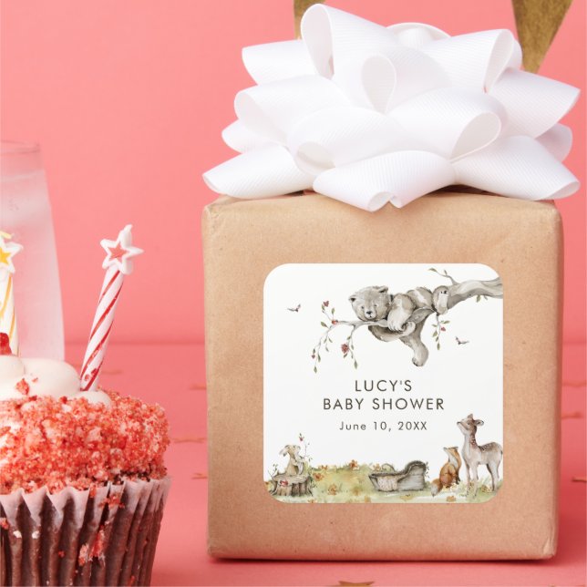 Pegatina Cuadrada Woodland Baby Shower (Fiesta)
