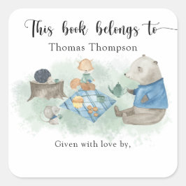 Pegatina Cuadrada Woodland Baby Shower - este libro pertenece a