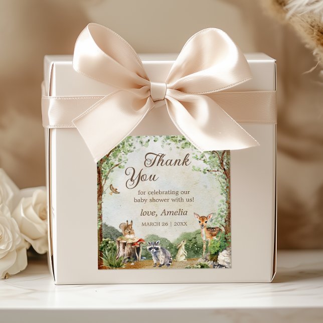 Pegatina Cuadrada Woodland Baby Shower Thank You Forest Animals (Subido por el creador)