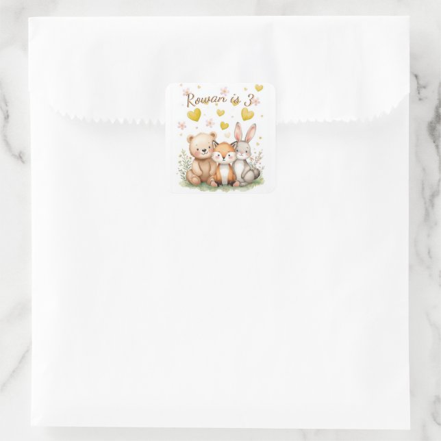 Pegatina Cuadrada Woodland Bear Fox Bunny Yellow Hearts Neutral (Bolso)