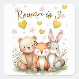 Pegatina Cuadrada Woodland Bear Fox Bunny Yellow Hearts Neutral