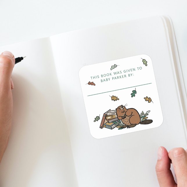 Pegatina Cuadrada Woodland Beaver Storybook Baby Bookplate (Woodland Storybook Baby Shower Bookplate )
