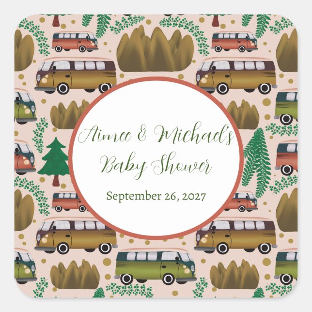 Pegatina Cuadrada Woodland Camper Baby Shower (Anverso)