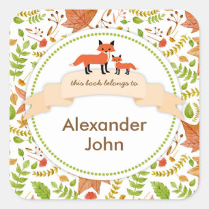Pegatina Cuadrada Woodland Creations Fox Book plate / hojas de otoño