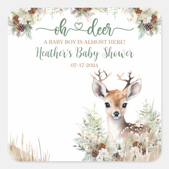 Pegatina Cuadrada Woodland Deer Baby Shower Boy (Anverso)