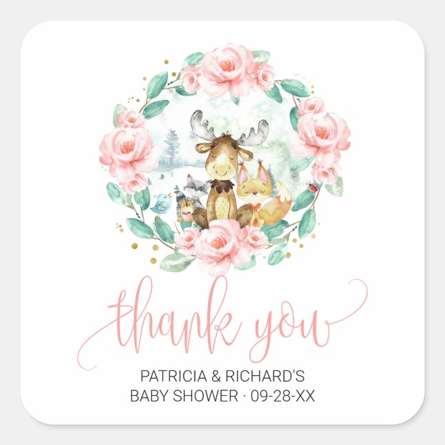 Pegatina Cuadrada Woodland Floral Green Baby Shower Gracias (Anverso)