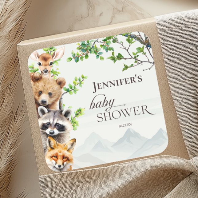 Pegatina Cuadrada Woodland Forest Animals Baby Shower Favor (Subido por el creador)