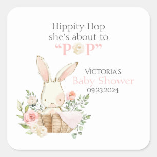 Pegatina Cuadrada Woodland Forest Bunny Rabbit Floral Pink
