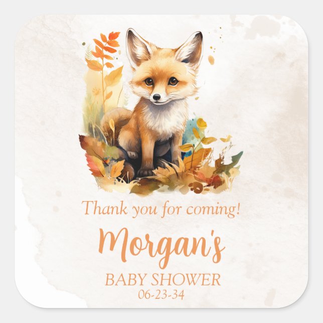 Pegatina Cuadrada Woodland Fox Cute Baby Shower Favores (Anverso)