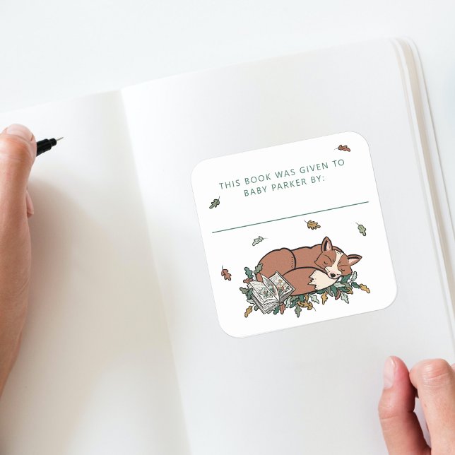 Pegatina Cuadrada Woodland Fox Storybook Baby Bookplate (Woodland Storybook Baby Shower Bookplate )