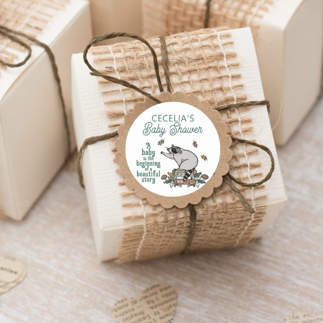 Pegatina Cuadrada Woodland Storybook Raccoon Baby Shower (Woodland Storybook Baby Shower Stickers for Favors, Crafting, Envelope Seals, and more!)