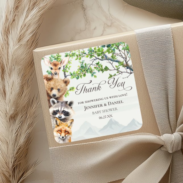 Pegatina Cuadrada Woodland Wildlife Baby Shower Thank You Favor (Subido por el creador)