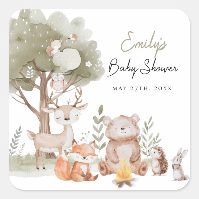 Pegatina Cuadrada Woodlands Forest Baby Shower (Anverso)