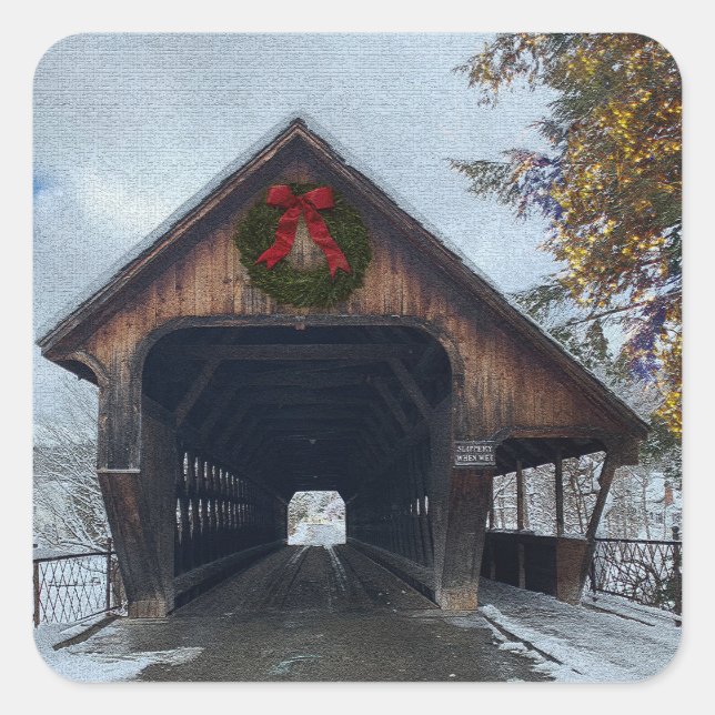 Pegatina Cuadrada Woodstock Vermont Snowy Holiday (Anverso)