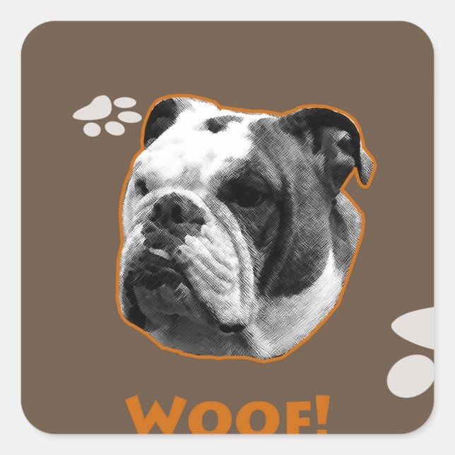 Pegatina Cuadrada Woof, Bulldog inglés (Anverso)
