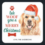 Pegatina Cuadrada Woof You Merry Christmas Cute Dog Golden Retriever<br><div class="desc">¡Te queremos una Feliz Navidad! Añada el toque final a sus regalos esta temporada navideña con esta adorable y divertida pegatina de Navidad Golden Retriever. Esta pegatina de navidad recuperadora de oro será la favorita entre los amantes de los retratos dorados y los amantes del perro. Visite nuestra colección para...</div>