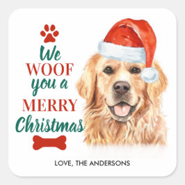 Pegatina Cuadrada Woof You Merry Christmas Cute Dog Golden Retriever