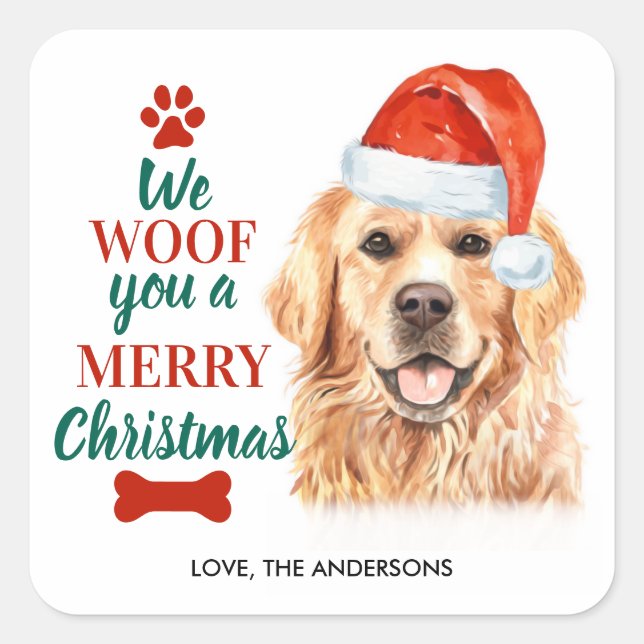 Pegatina Cuadrada Woof You Merry Christmas Cute Dog Golden Retriever (Anverso)