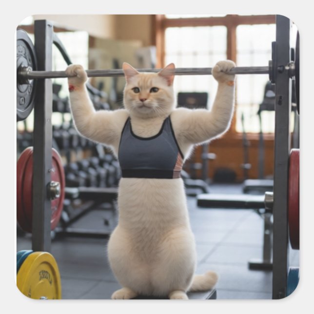 Pegatina Cuadrada Workout Cat Sticker (Anverso)