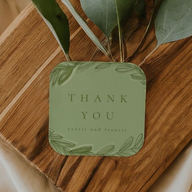 Pegatina Cuadrada Wreath de color de agua verde gracias (Green Watercolor Wreath Thank You Square Sticker)