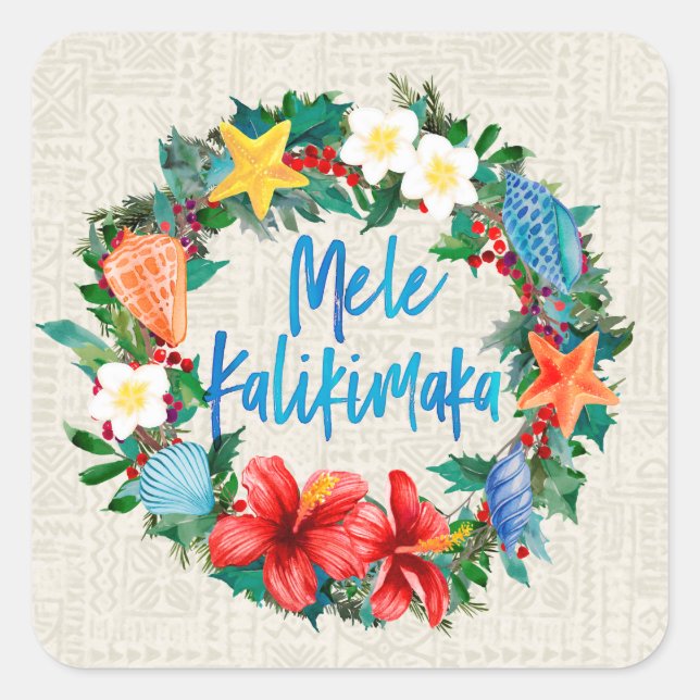 Pegatina Cuadrada Wreath de los Navidades hawaianos Mele Kalikimaka (Anverso)