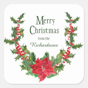 Pegatina Cuadrada Wreath de los Navidades Red Poinsettia y Holly Ber