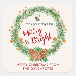 Pegatina Cuadrada Wreath de Navidades merry y brillantes