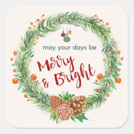 Pegatina Cuadrada Wreath de Navidades merry y brillantes