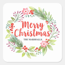 Pegatina Cuadrada Wreath de Navidades rojos personalizados