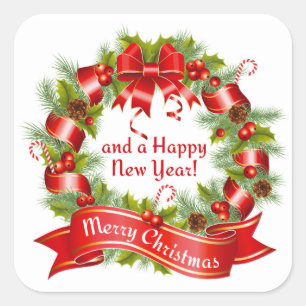 Pegatina Cuadrada Wreath: ¡Feliz Navidad y un feliz Año Nuevo!,