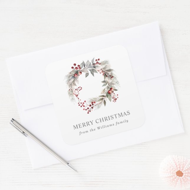 Pegatina Cuadrada Wreath floral de invierno de plata rusa (Sobre)