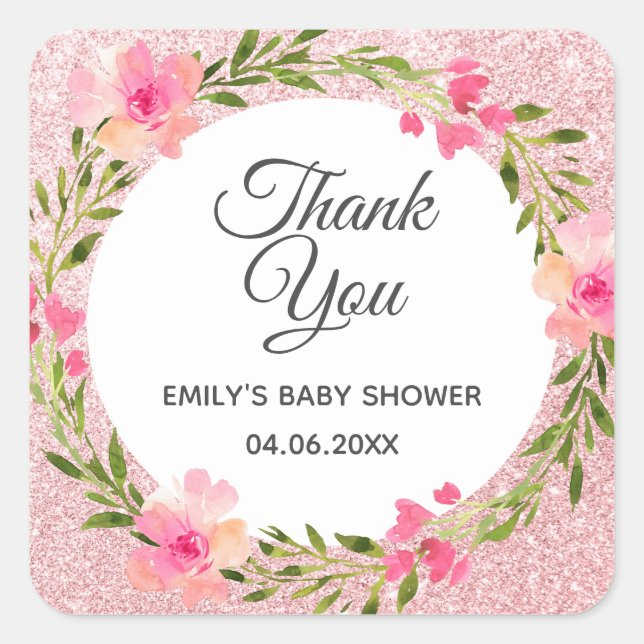 Pegatina Cuadrada Wreath floral rosada de oro Rosa Gracias Baby Show (Anverso)