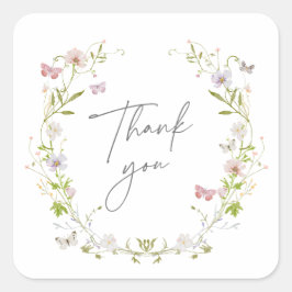 Pegatina Cuadrada Wreath, mariposa de flores silvestres, gracias