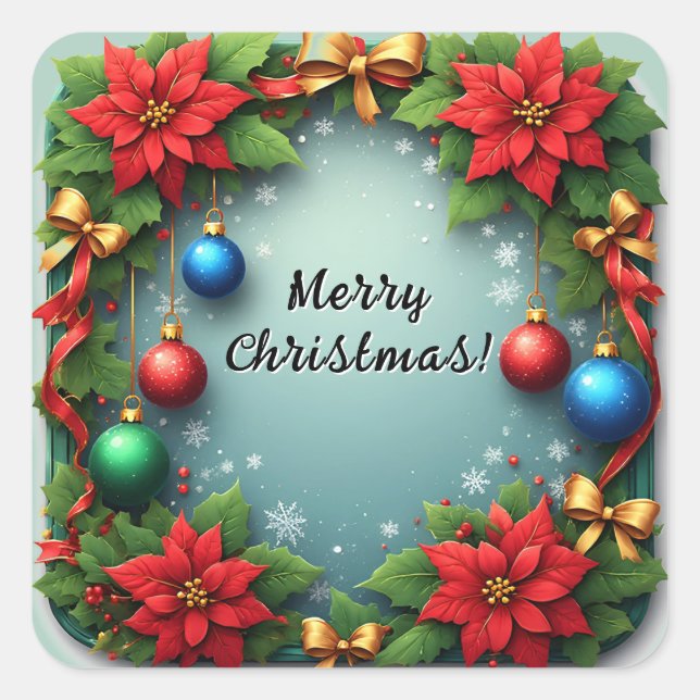 Pegatina Cuadrada Wreath navidades con Poinsettias (Anverso)