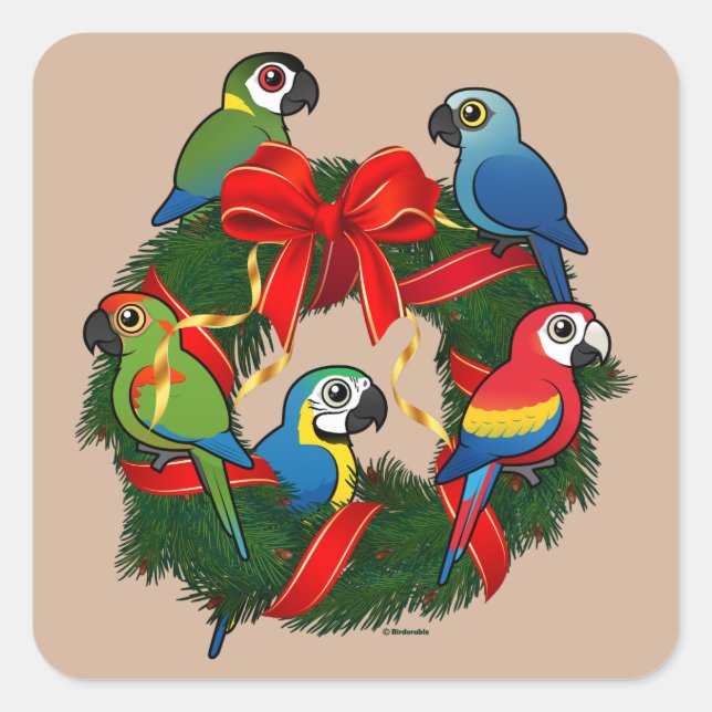 Pegatina Cuadrada Wreath, Navidades de Birdorable Macaws (Anverso)